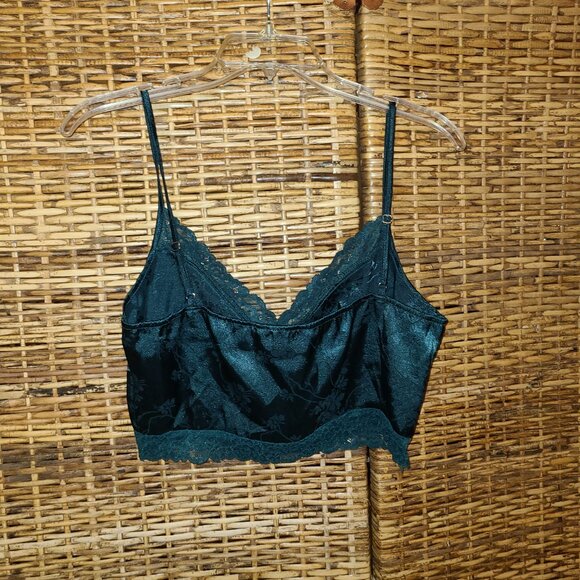 Boho Rock Moto Boho Green Satin Lace Trim Wireless Crop Top SZ L - Picture 2 of 5